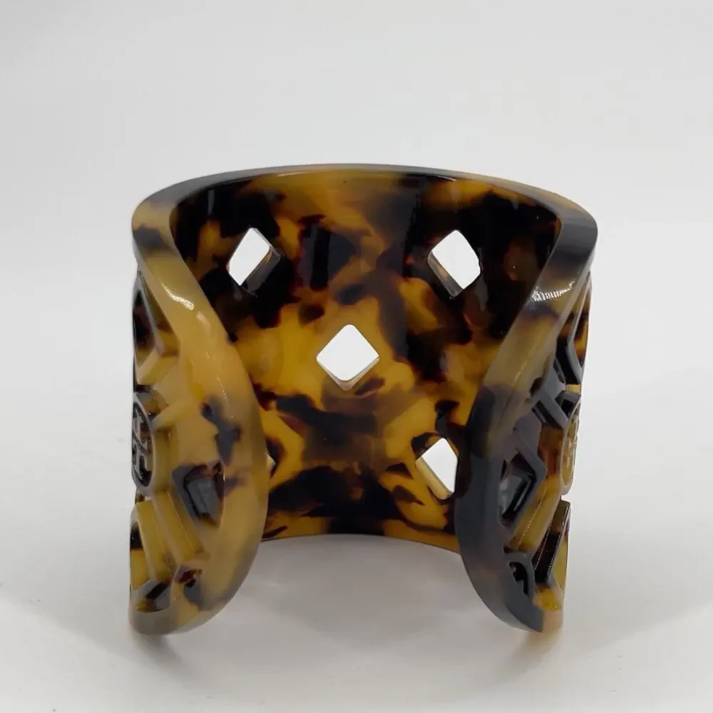 Tory Burch Logo Tortoise Resin Wide Cuff Bracelet Brown Amber Cutout Statement